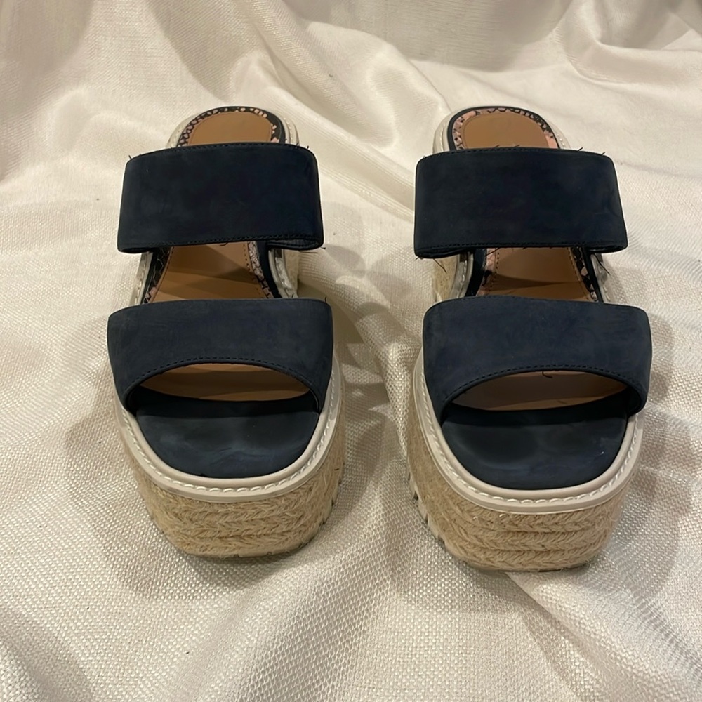Sam Edelman navy suede platform slide with raffia wedge.